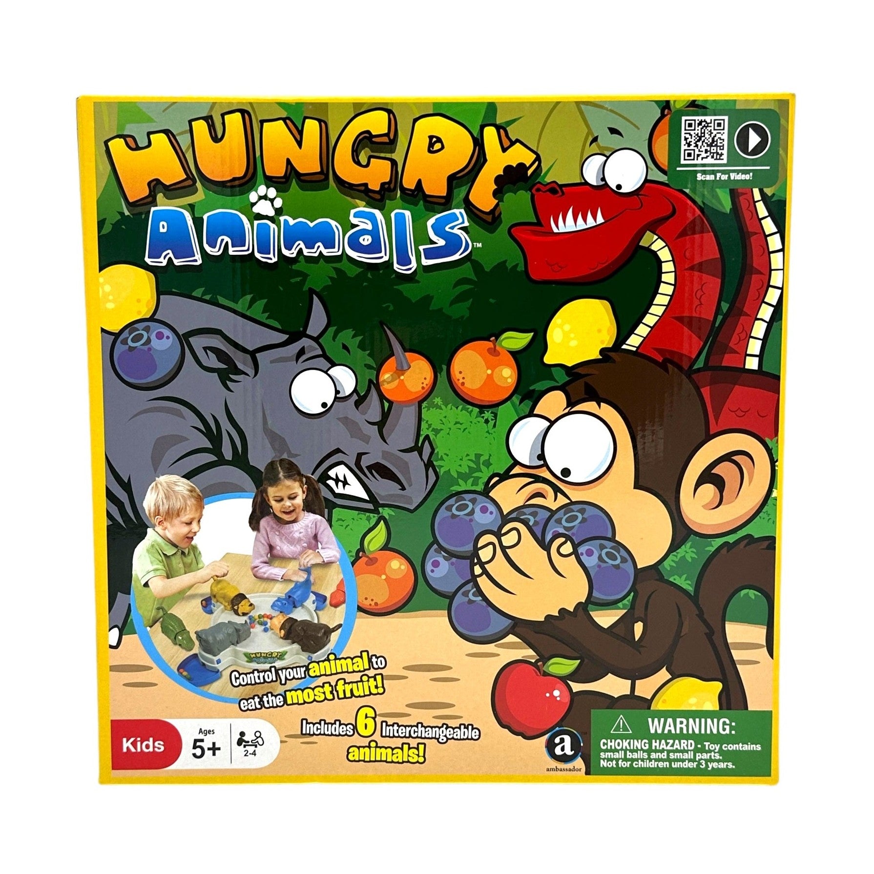 A board game box for "Hungry Animals", featuring a monkey, rhinoceros, and snake, plus two children playing the game.